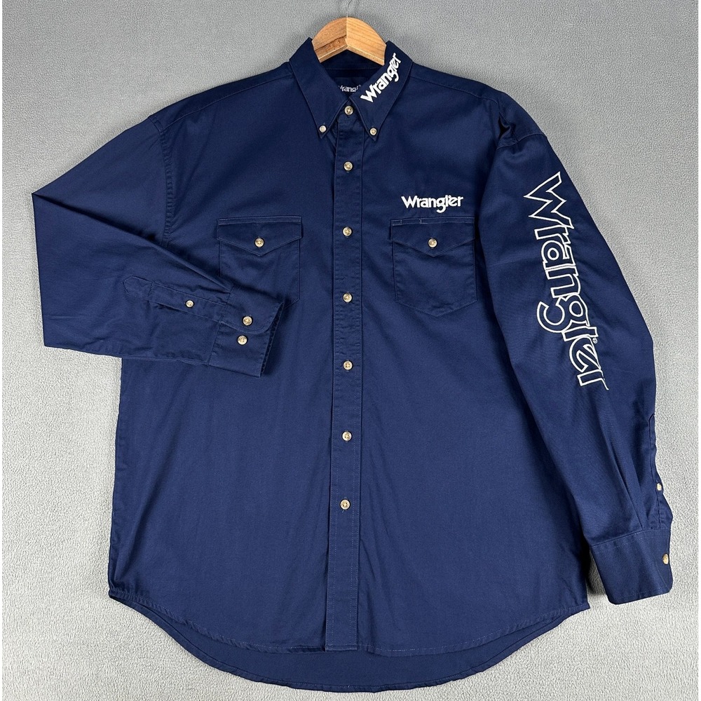 Wrangler Shirt Large Blue Rodeo Logo Embroidered Collar Twill Cowboy Western